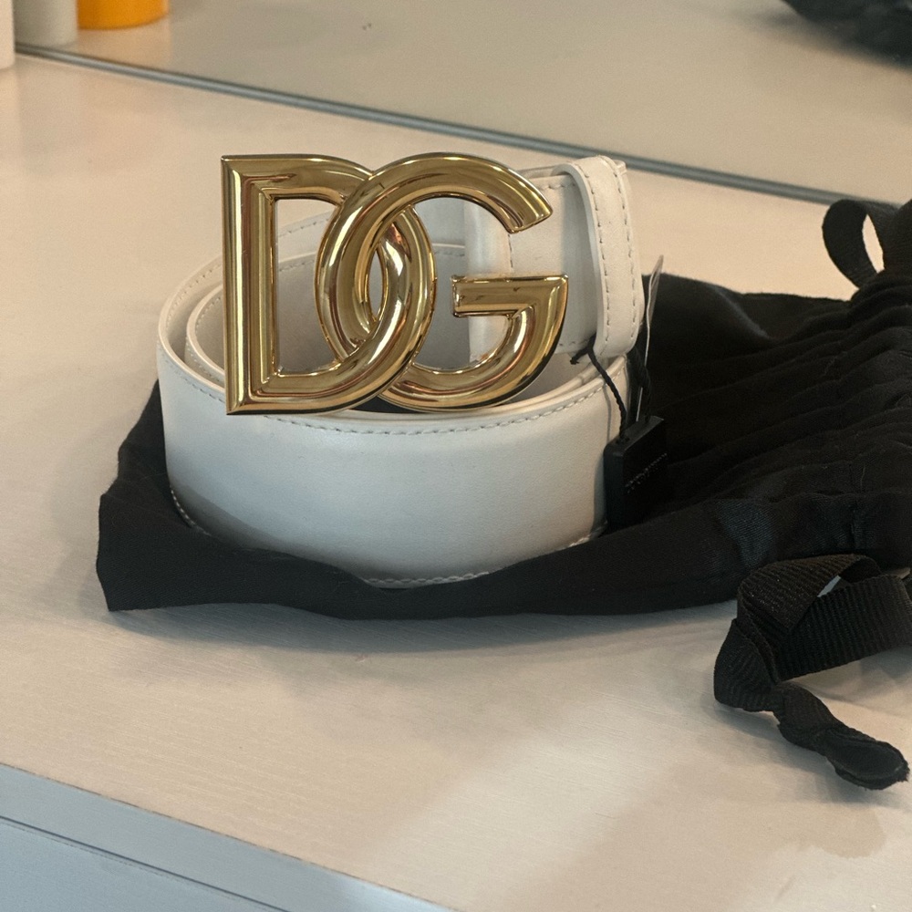 Dolce & Gabbana White Gold Leather Belt with DG Logo